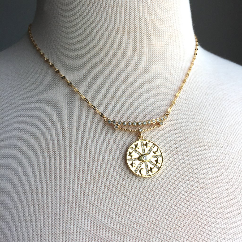 Cz Bar W Gold Medallion Moon Star Protective Eye Necklace 45$